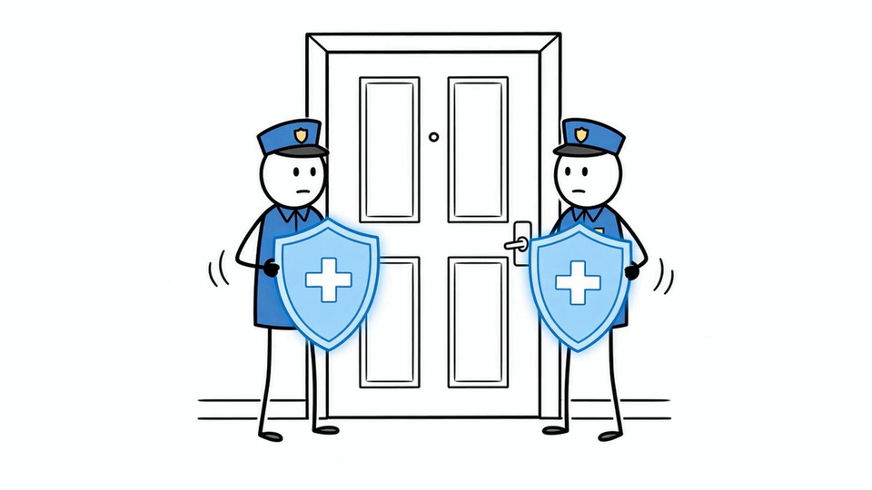 Illustration of guards with shields at calm houses.